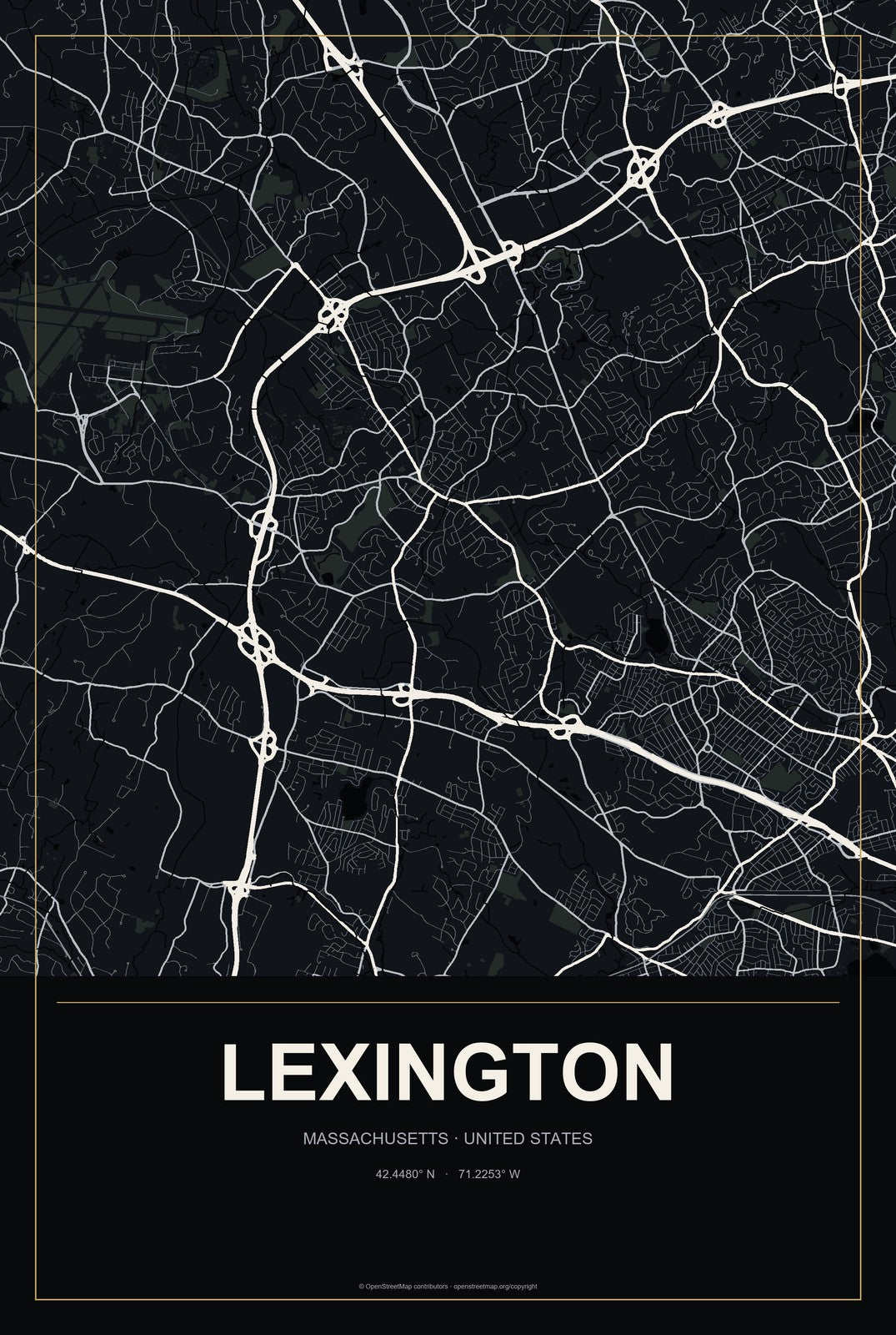Lexington, Massachusetts City Map Aluminum Sign in Metropolitan Noir style