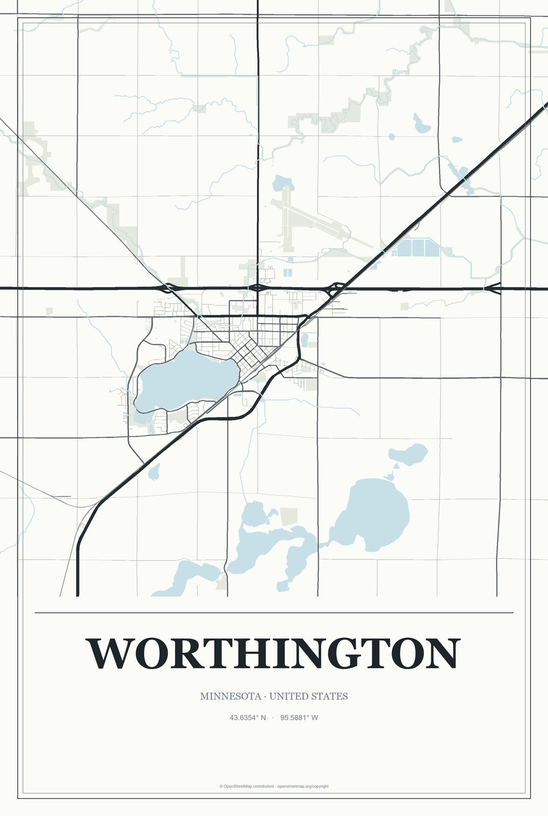 Worthington, Minnesota City Map Aluminum Sign in Gallery Air style