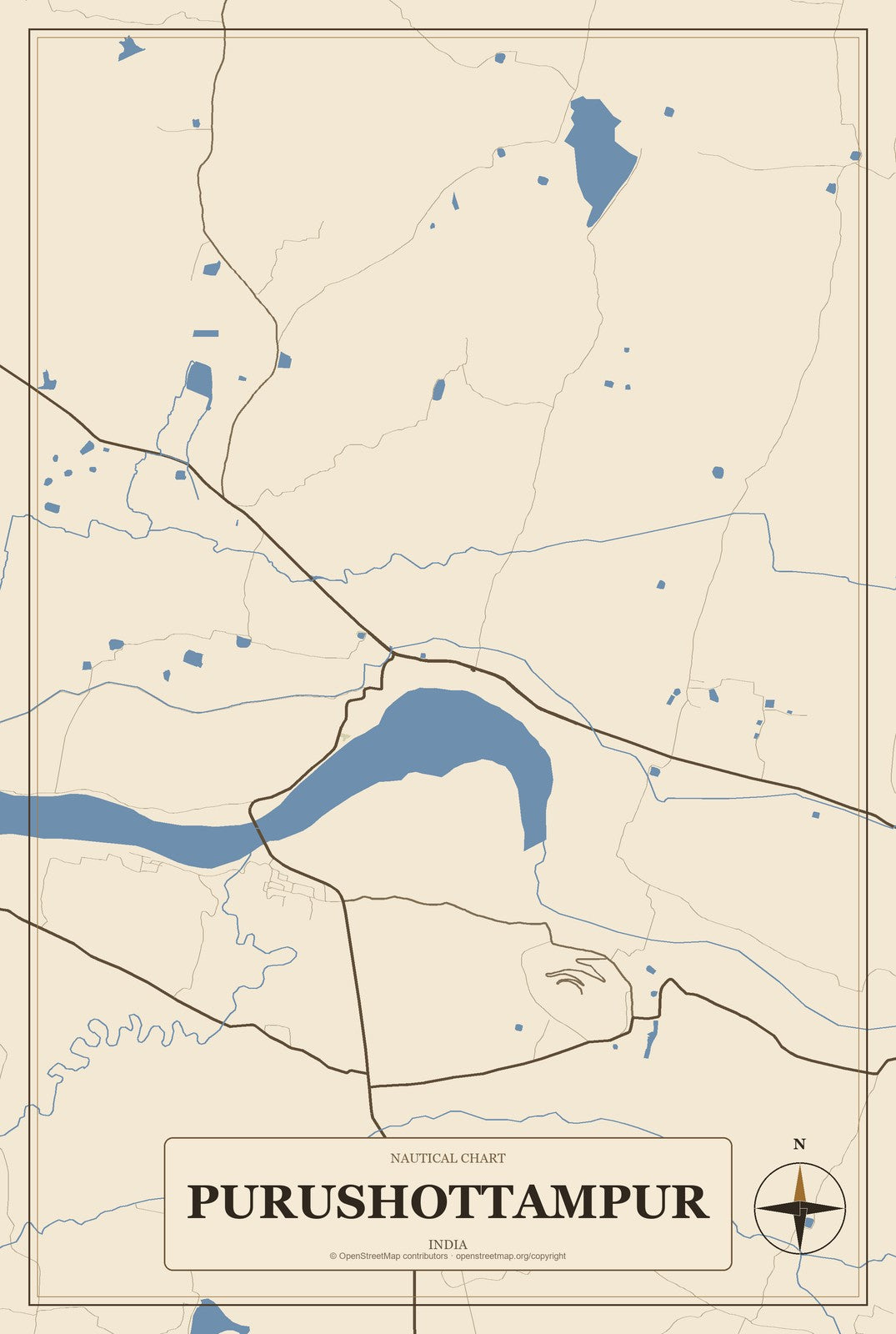 Purushottampur, India City Map Aluminum Sign in Heritage Nautical style