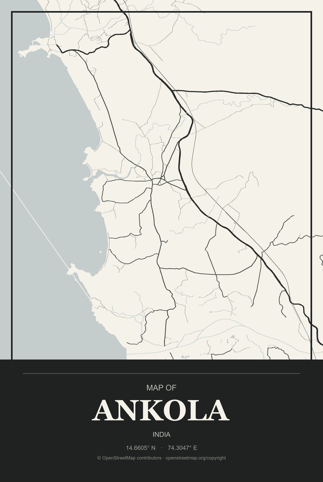 Ankola, India City Map Aluminum Sign in Museum Plaque style
