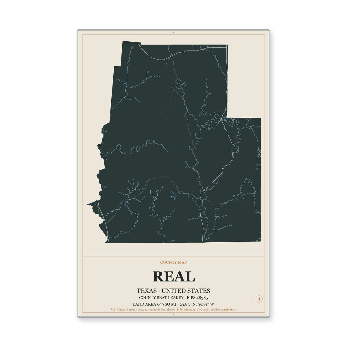 Real County, Texas Map Aluminum Sign in Headline Atlas style