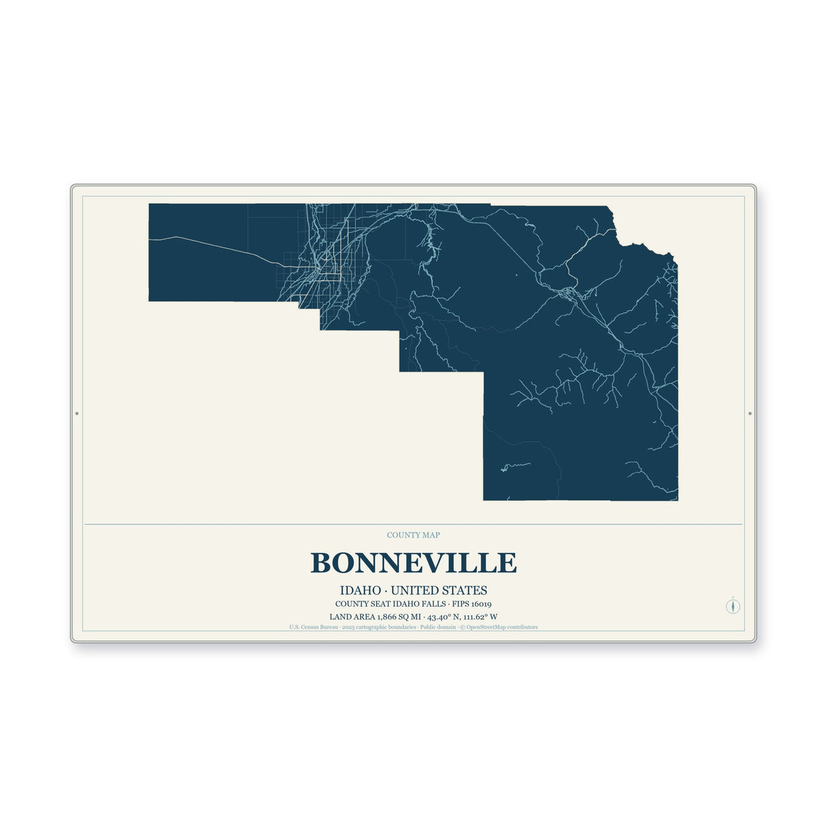 Bonneville County, Idaho Map Aluminum Sign in Coastal Cutout style