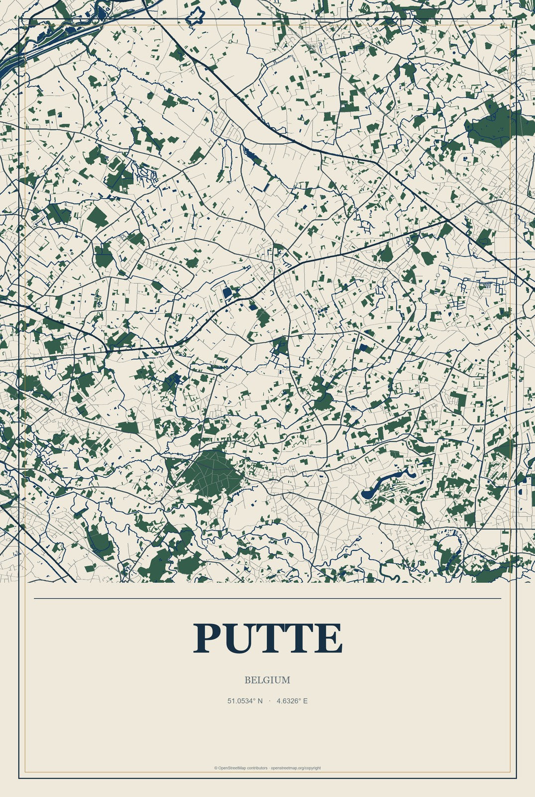 Putte, Belgium City Map Aluminum Sign in Coastal Cutout style
