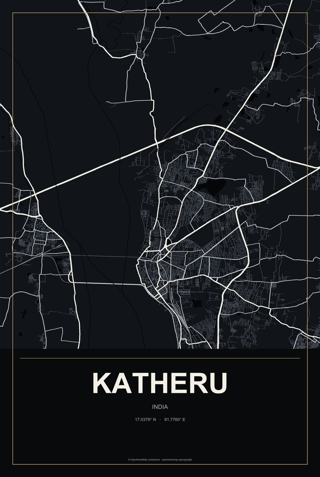 Katheru, India City Map Aluminum Sign in Metropolitan Noir style