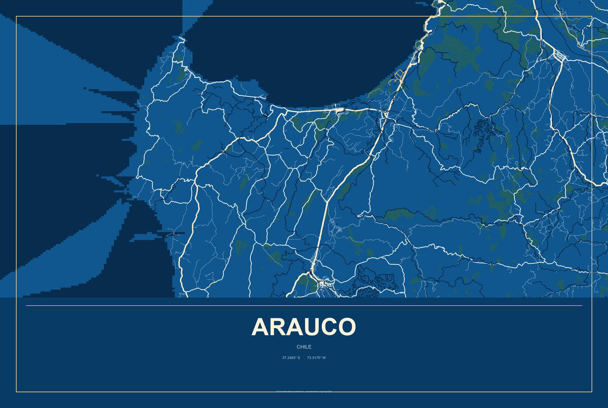 Arauco, Chile City Map Aluminum Sign in Harbor Cobalt style
