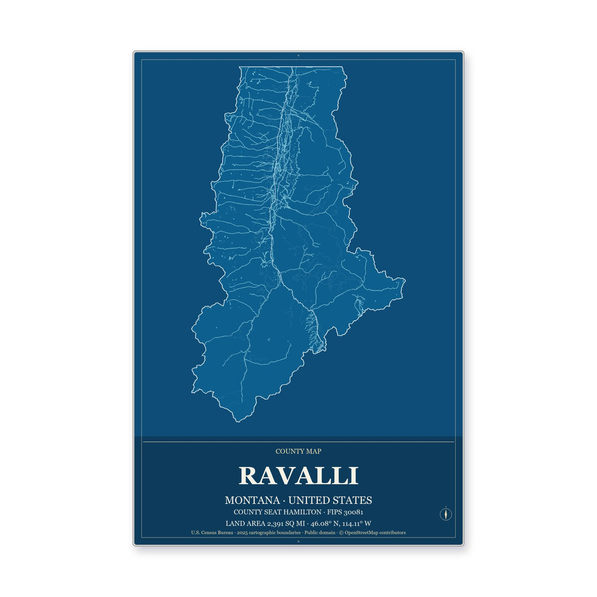 Ravalli County, Montana Map Aluminum Sign in Harbor Cobalt style