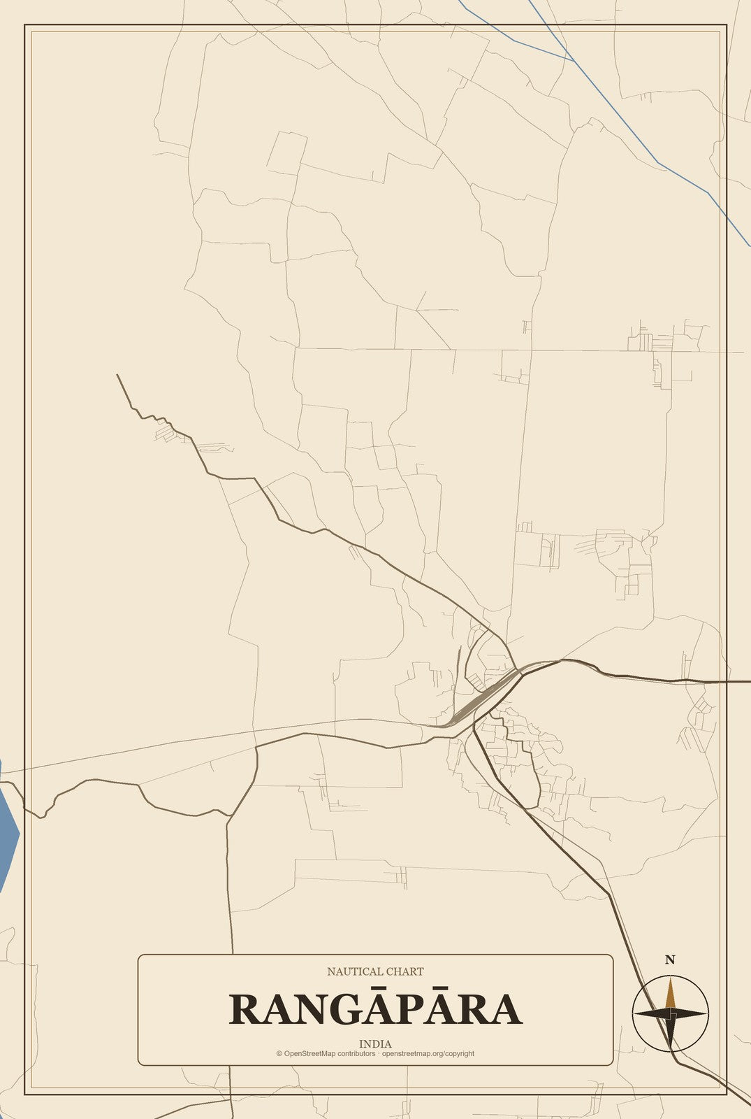 Rangāpāra, India City Map Aluminum Sign in Heritage Nautical style