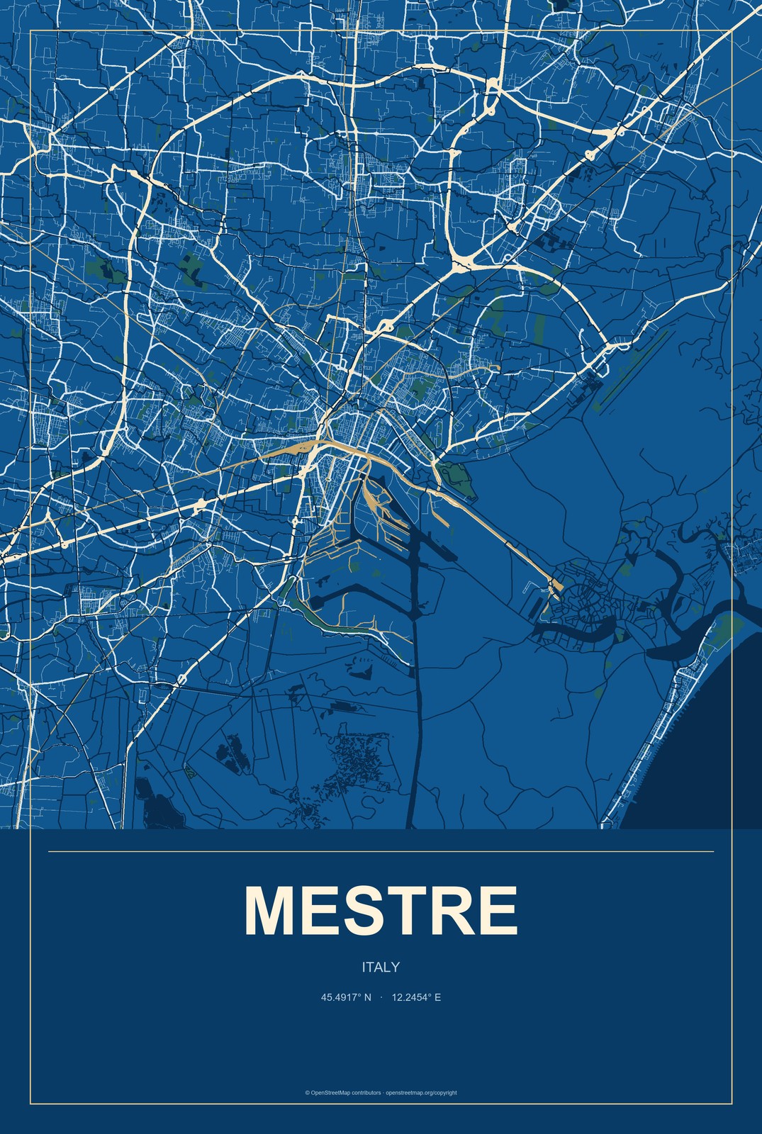 Mestre, Italy City Map Aluminum Sign in Harbor Cobalt style