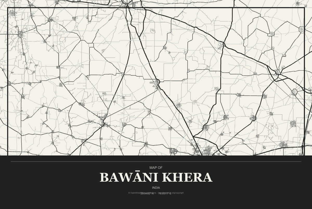 Bawāni Khera, India City Map Aluminum Sign in Museum Plaque style