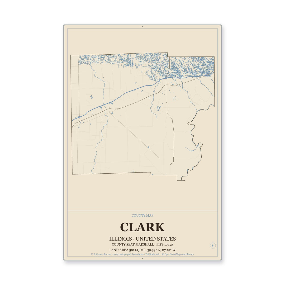 Clark County, Illinois Map Aluminum Sign in Heritage Nautical style