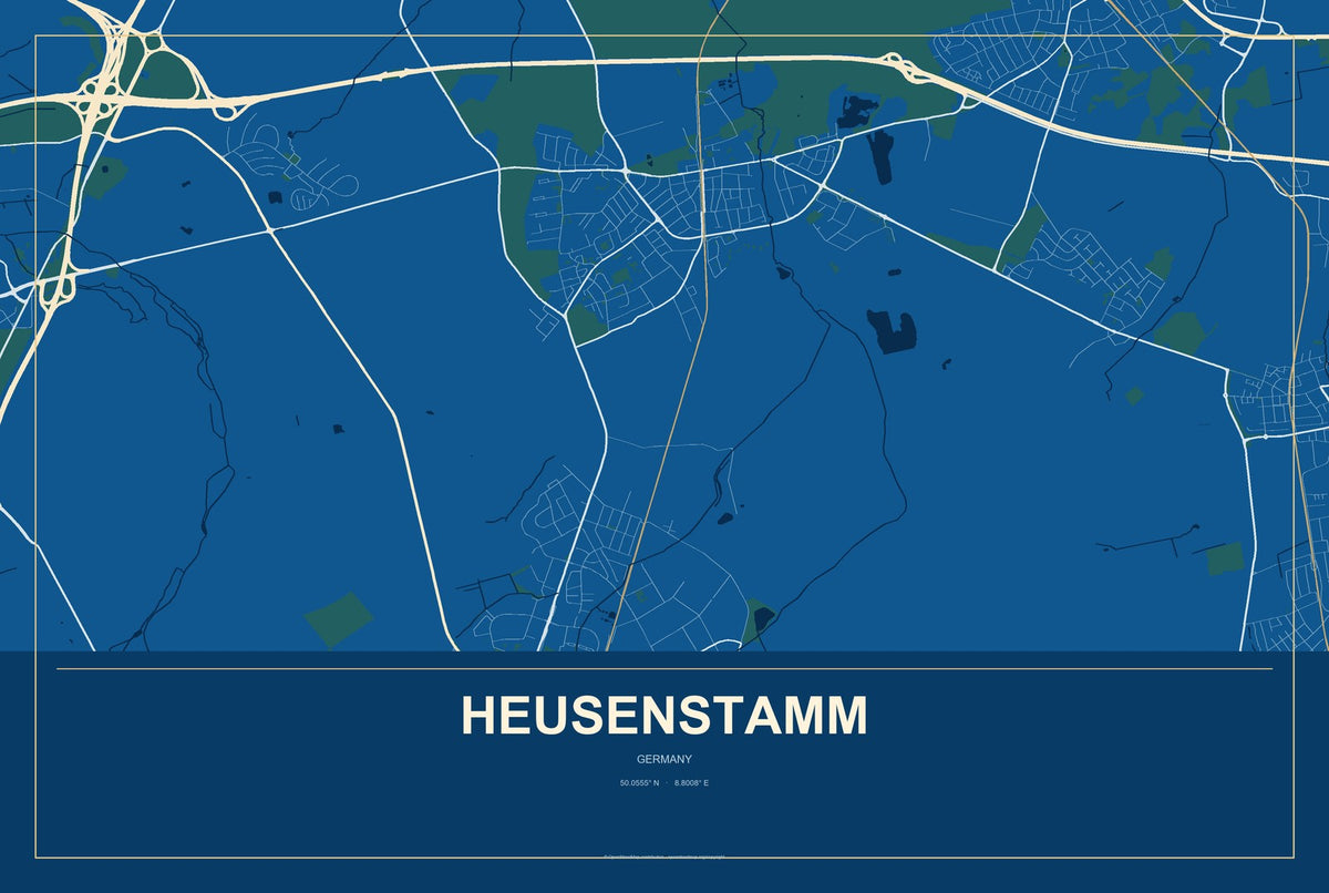 Heusenstamm, Germany City Map Aluminum Sign in Harbor Cobalt style
