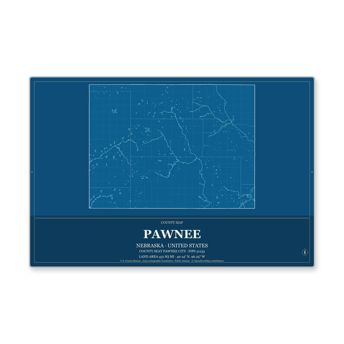 Pawnee County, Nebraska Map Aluminum Sign in Harbor Cobalt style