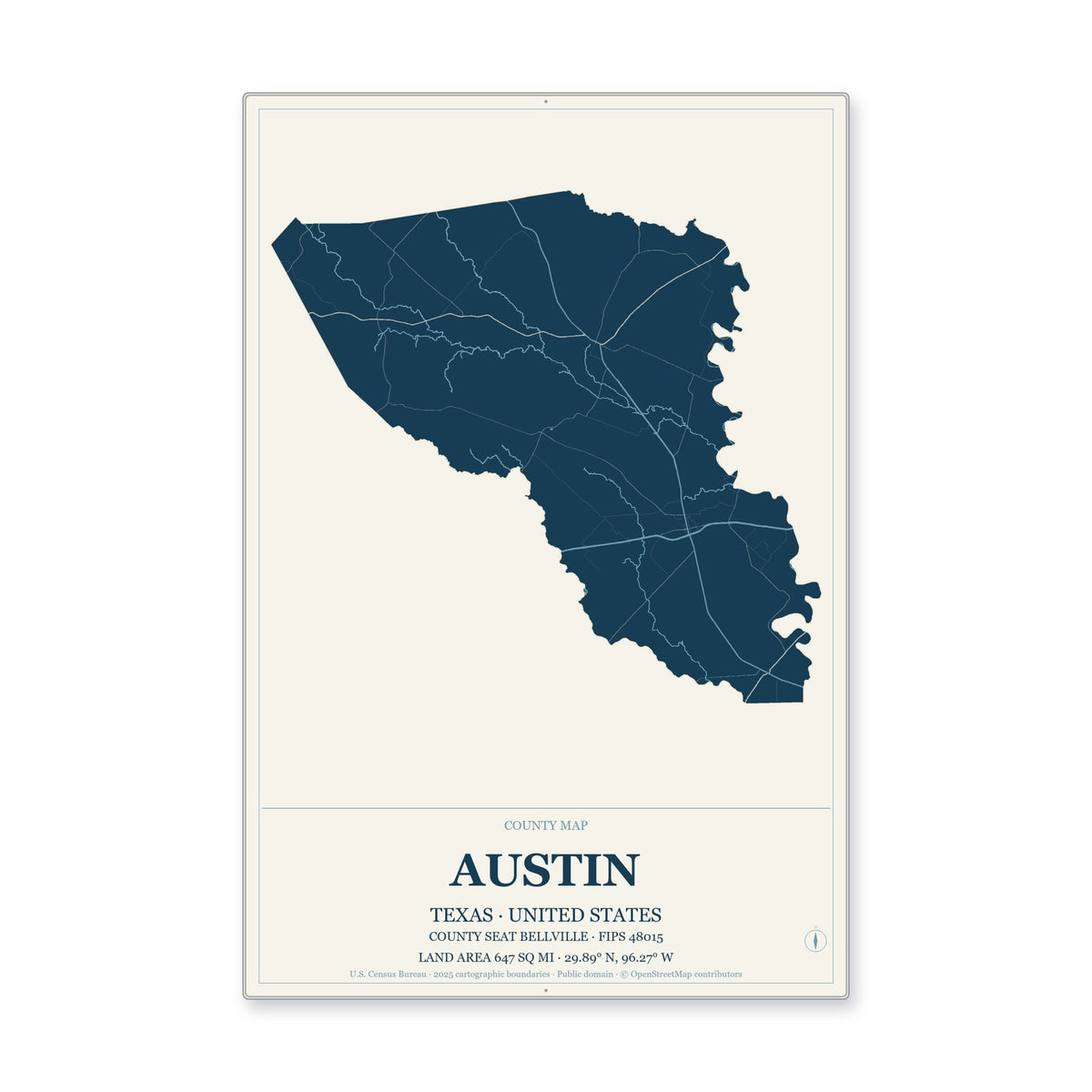 Austin County, Texas Map Aluminum Sign in Coastal Cutout style