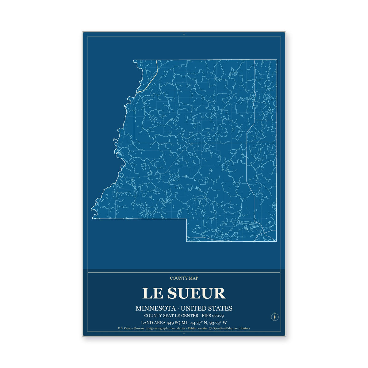 Le Sueur County, Minnesota Map Aluminum Sign in Harbor Cobalt style