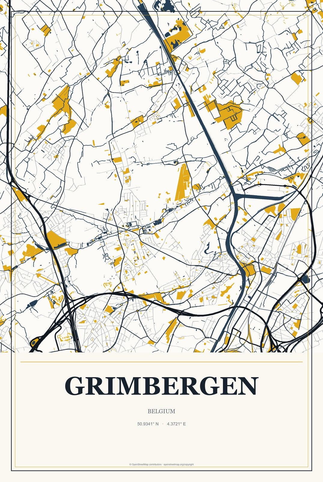 Grimbergen, Belgium City Map Aluminum Sign in Citrine Modern style