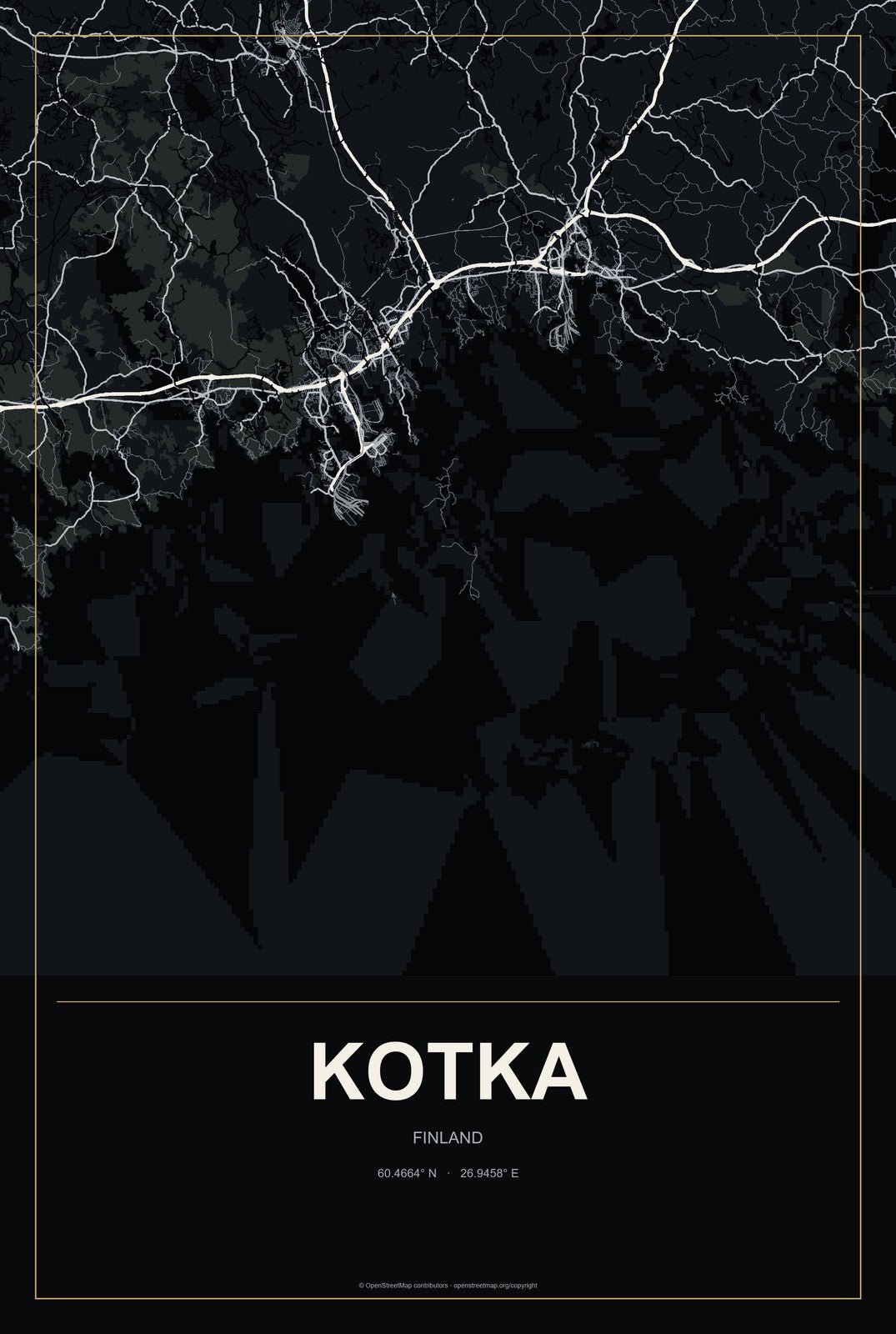 Kotka, Finland City Map Aluminum Sign in Metropolitan Noir style