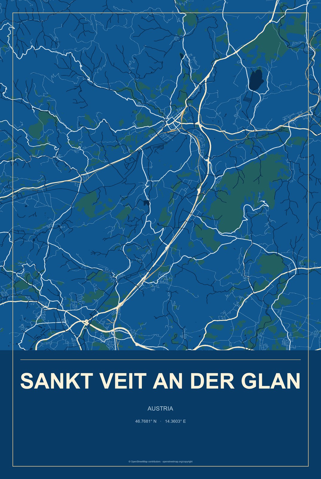 Sankt Veit an der Glan, Austria City Map Aluminum Sign in Harbor Cobalt style