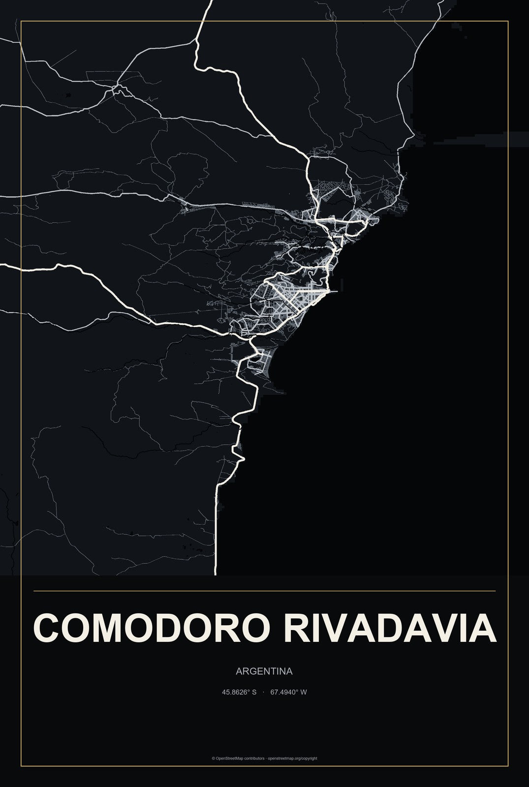 Comodoro Rivadavia, Argentina City Map Aluminum Sign in Metropolitan Noir style