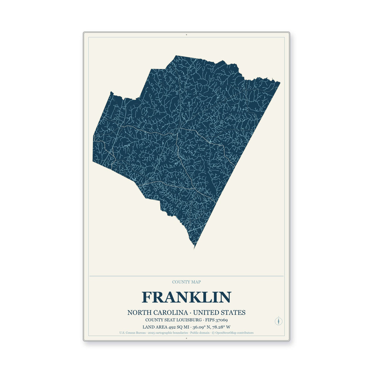 Franklin County, North Carolina Map Aluminum Sign in Coastal Cutout style
