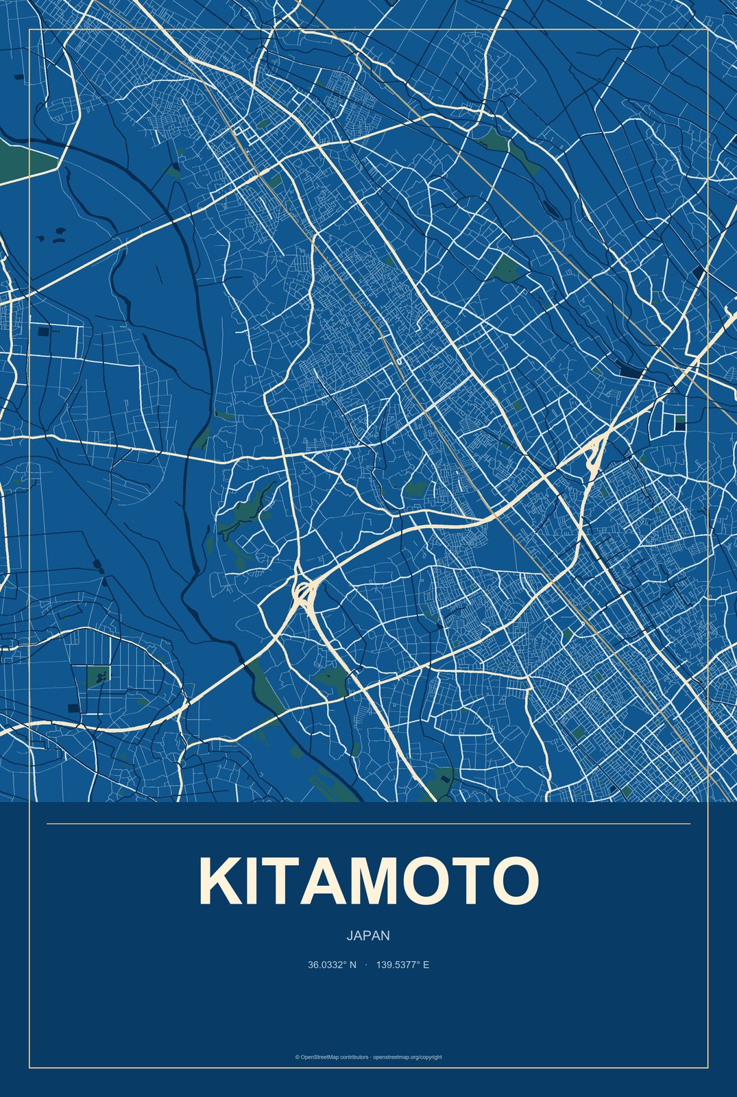 Kitamoto, Japan City Map Aluminum Sign in Harbor Cobalt style