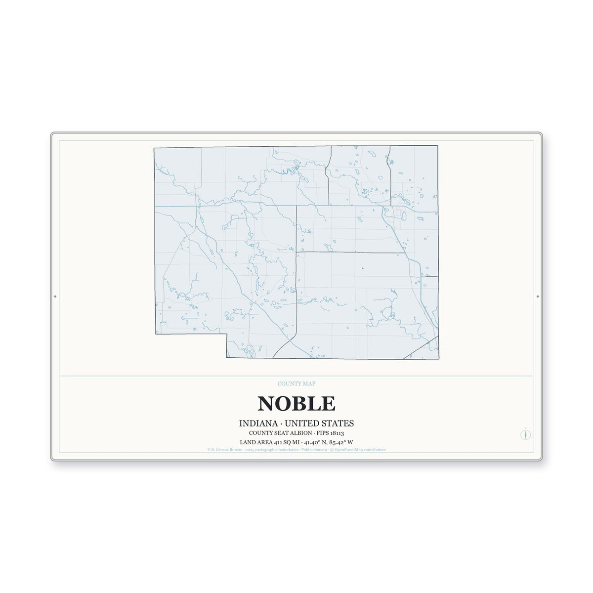 Noble County, Indiana Map Aluminum Sign in Gallery Air style