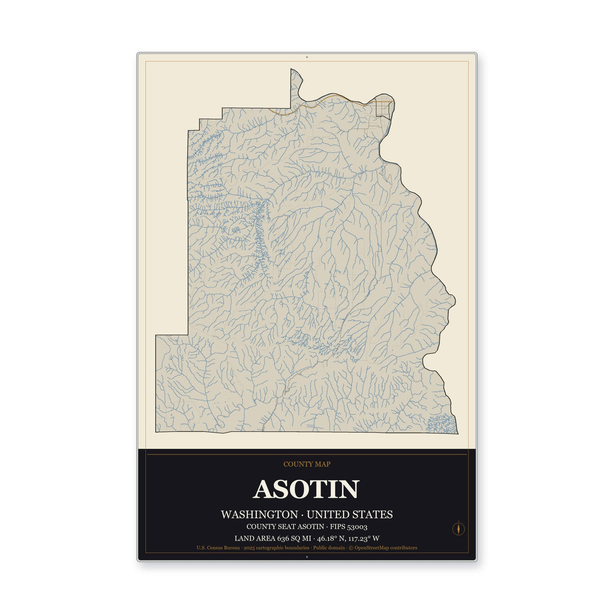 Asotin County, Washington Map Aluminum Sign in Museum Plaque style