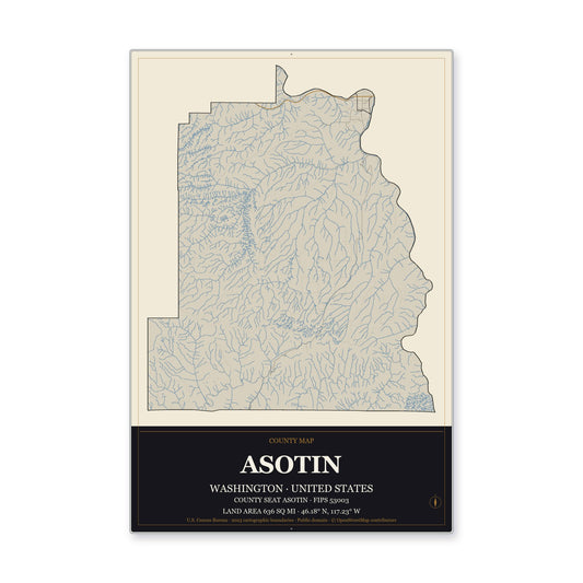 Asotin County, Washington Map Aluminum Sign in Museum Plaque style