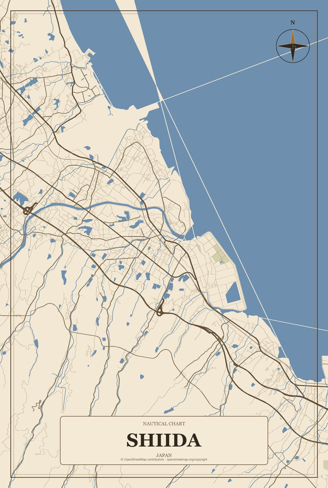 Shiida, Japan City Map Aluminum Sign in Heritage Nautical style