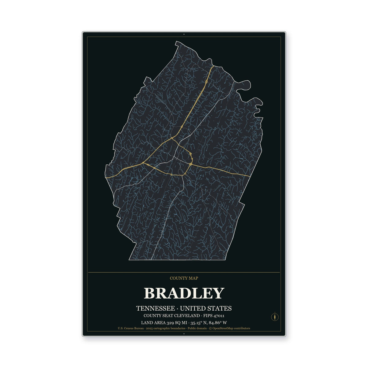 Bradley County, Tennessee Map Aluminum Sign in Metropolitan Noir style