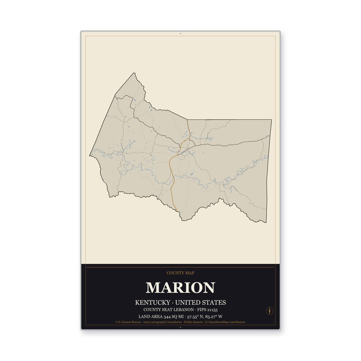 Marion County, Kentucky Map Aluminum Sign in Museum Plaque style