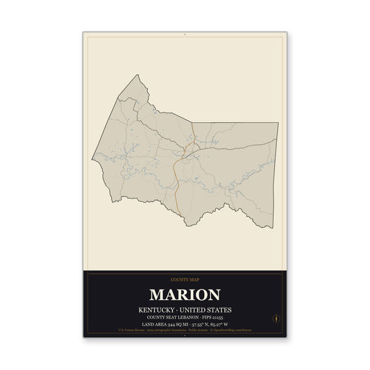 Marion County, Kentucky Map Aluminum Sign in Museum Plaque style