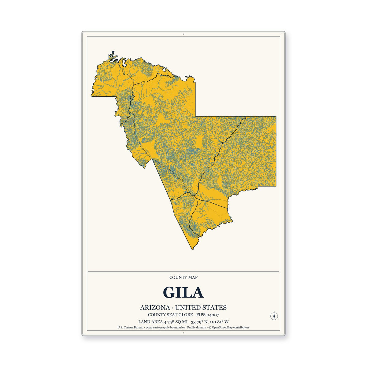 Gila County, Arizona Map Aluminum Sign in Citrine Modern style