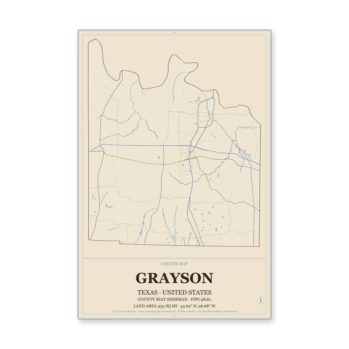 Grayson County, Texas Map Aluminum Sign in Heritage Nautical style