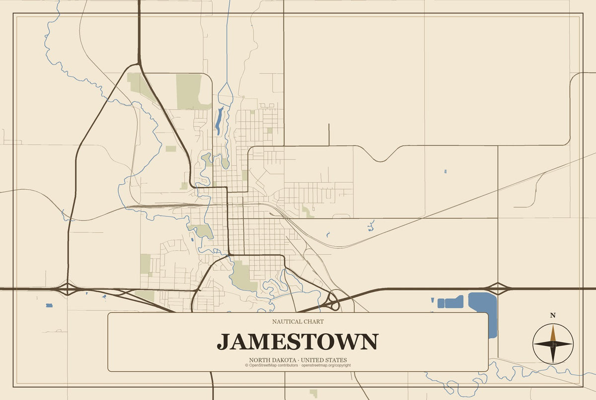 Jamestown, North Dakota City Map Aluminum Sign in Heritage Nautical style