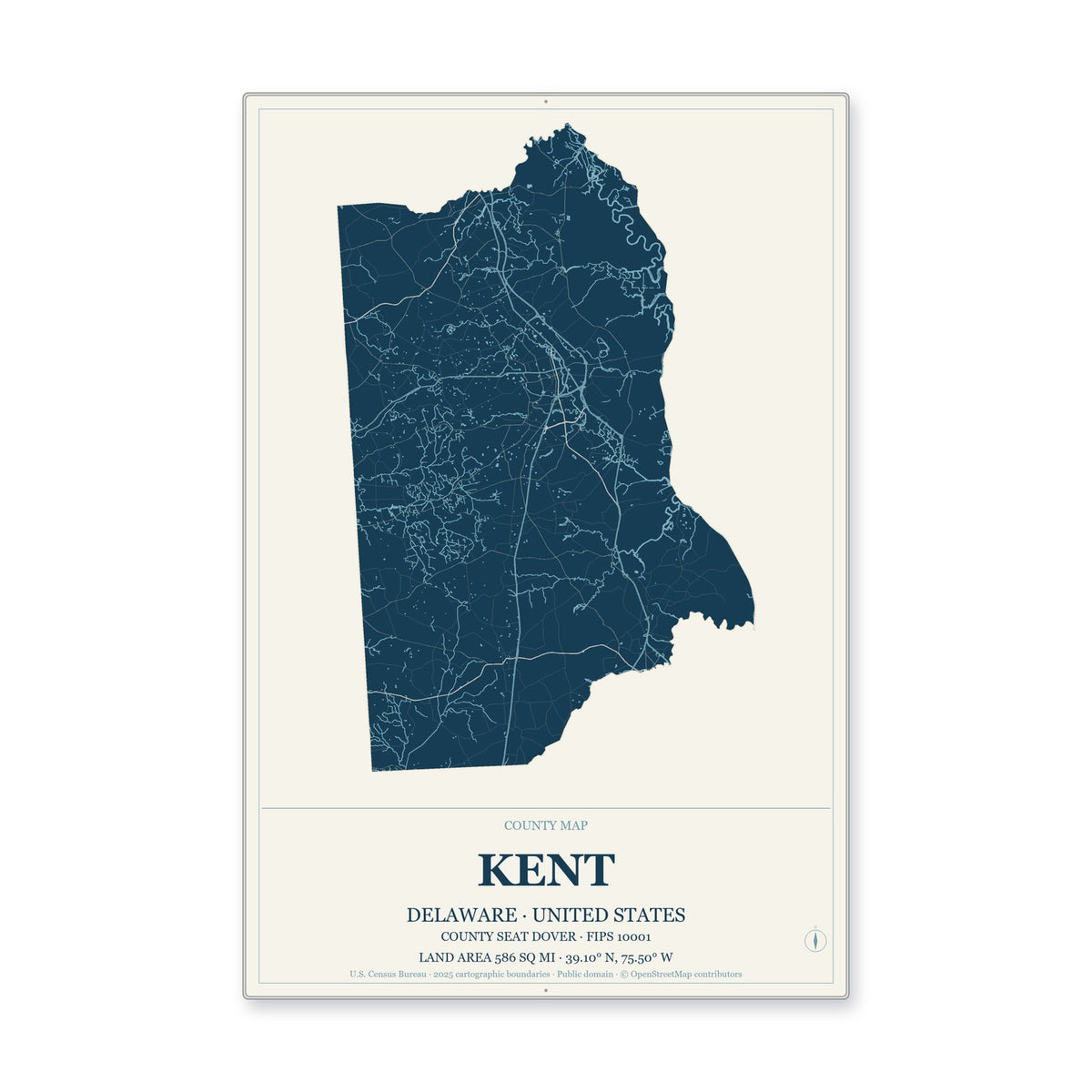 Kent County, Delaware Map Aluminum Sign in Coastal Cutout style