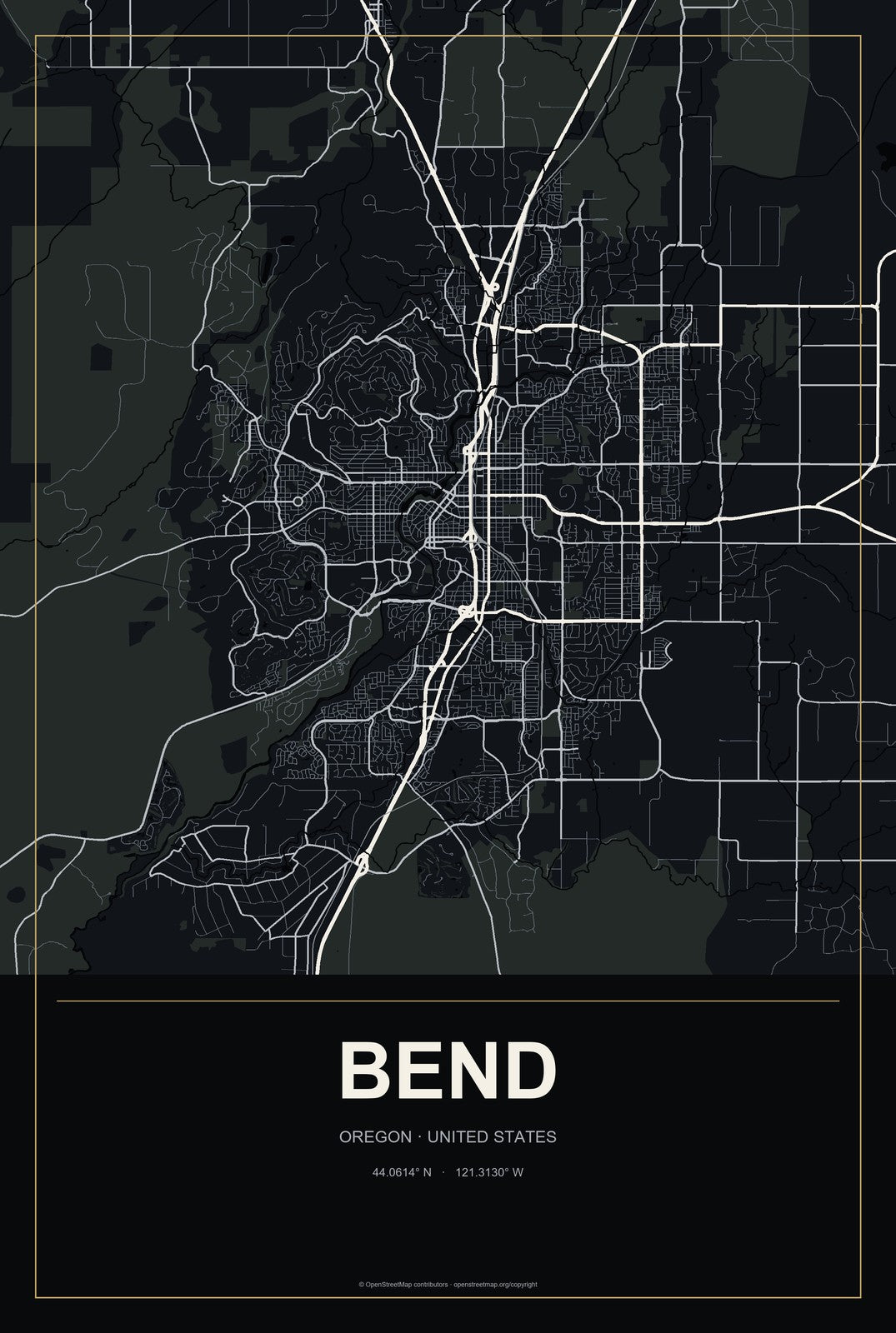 Bend, Oregon City Map Aluminum Sign in Metropolitan Noir style