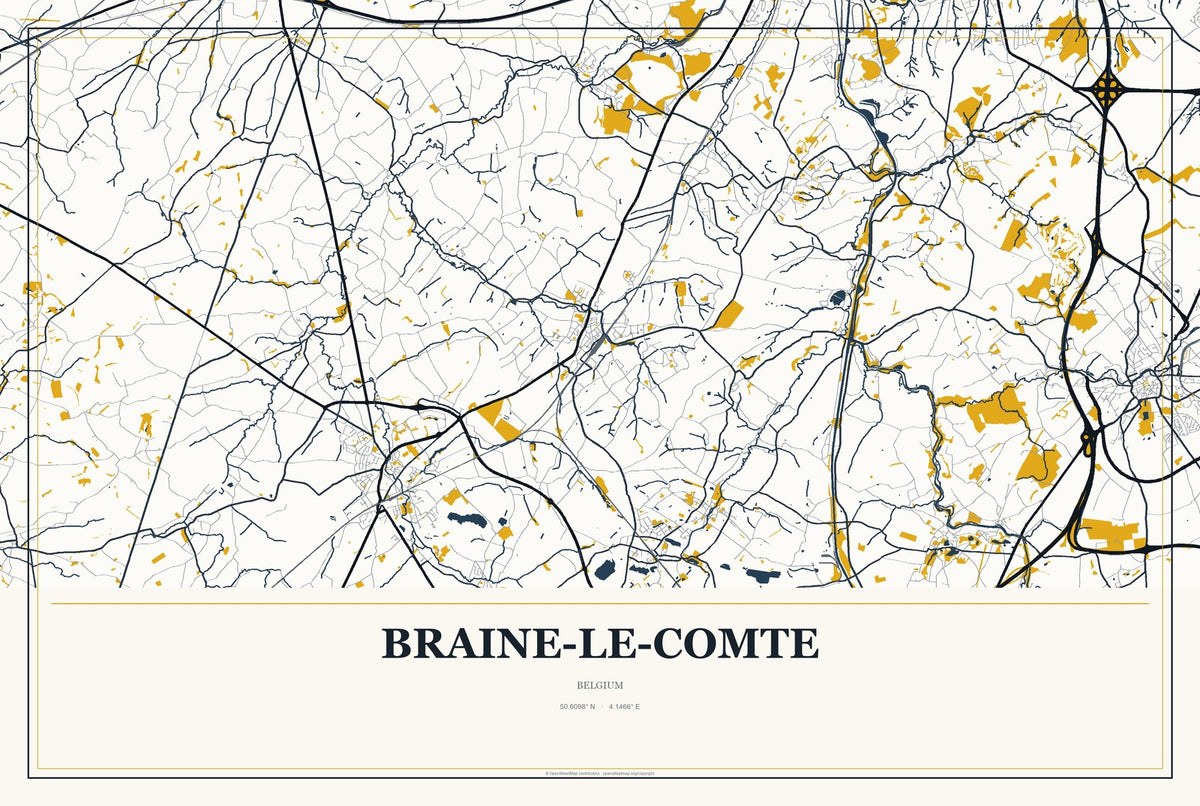 Braine-le-Comte, Belgium City Map Aluminum Sign in Citrine Modern style
