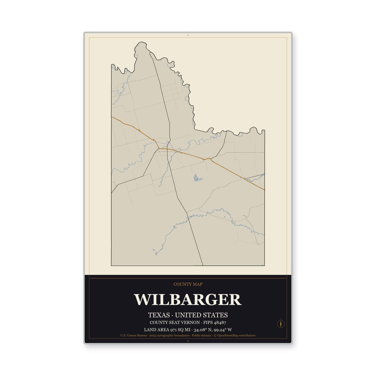 Wilbarger County, Texas Map Aluminum Sign in Museum Plaque style