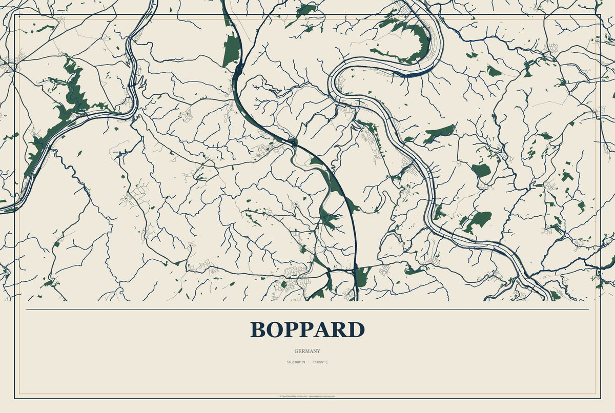 Boppard, Germany City Map Aluminum Sign in Coastal Cutout style