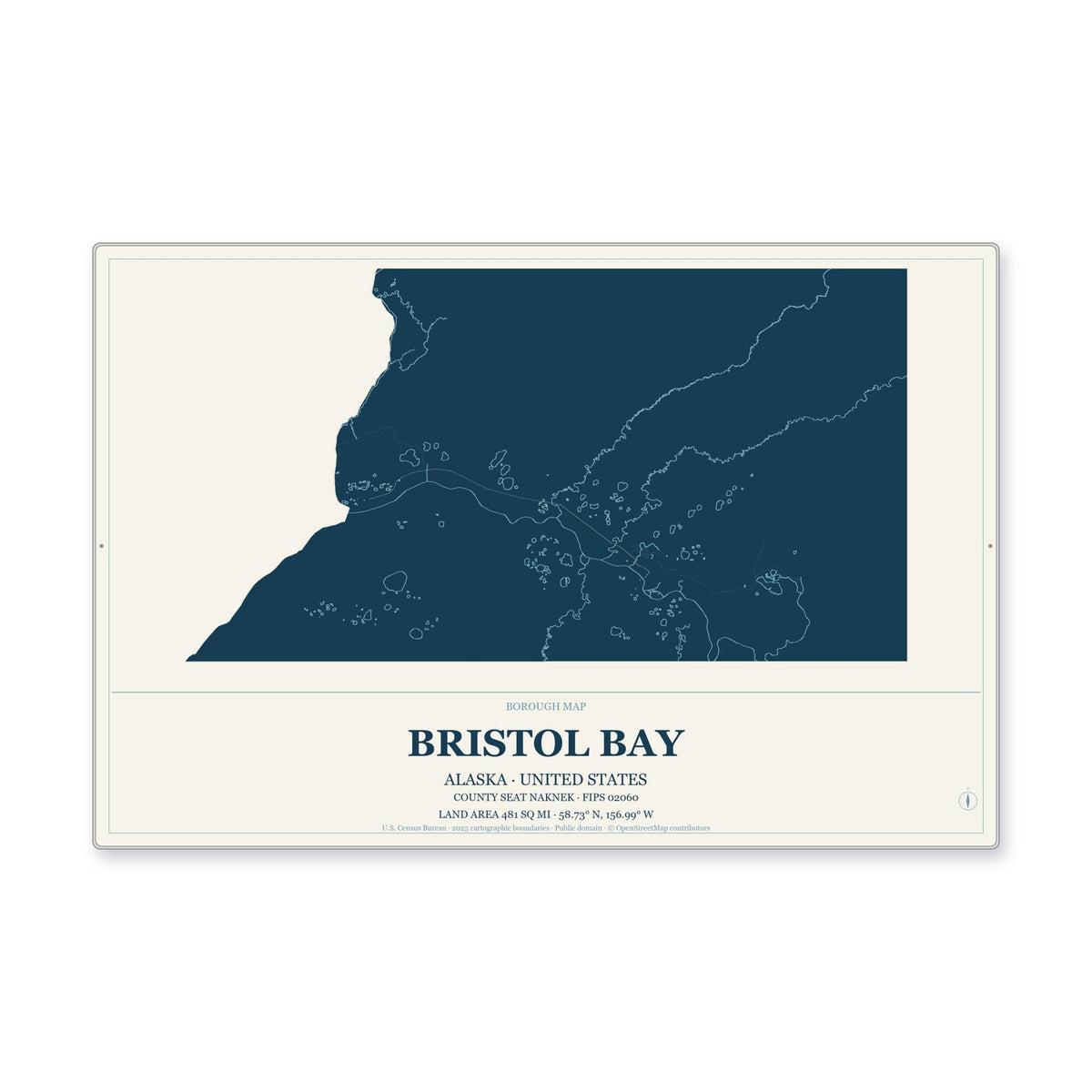 Bristol Bay Borough, Alaska Map Aluminum Sign in Coastal Cutout style