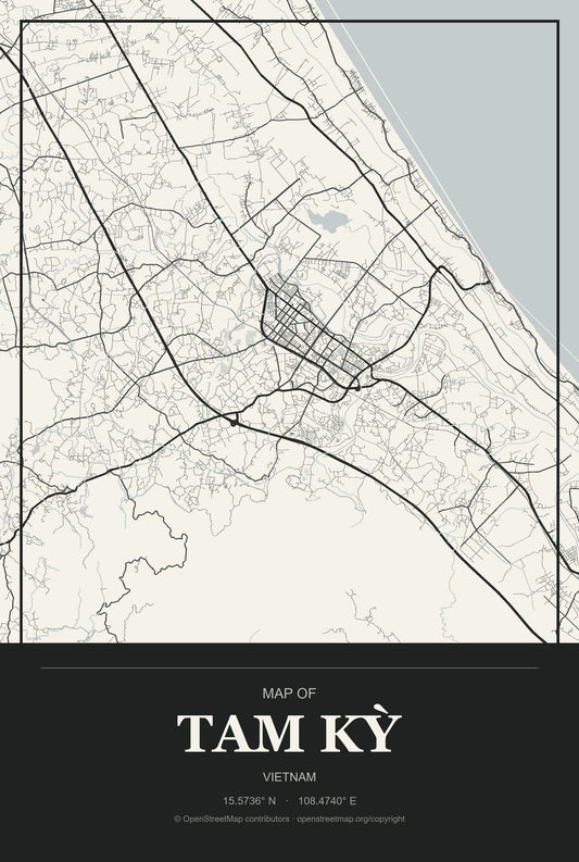 Tam Kỳ, Vietnam City Map Aluminum Sign in Museum Plaque style