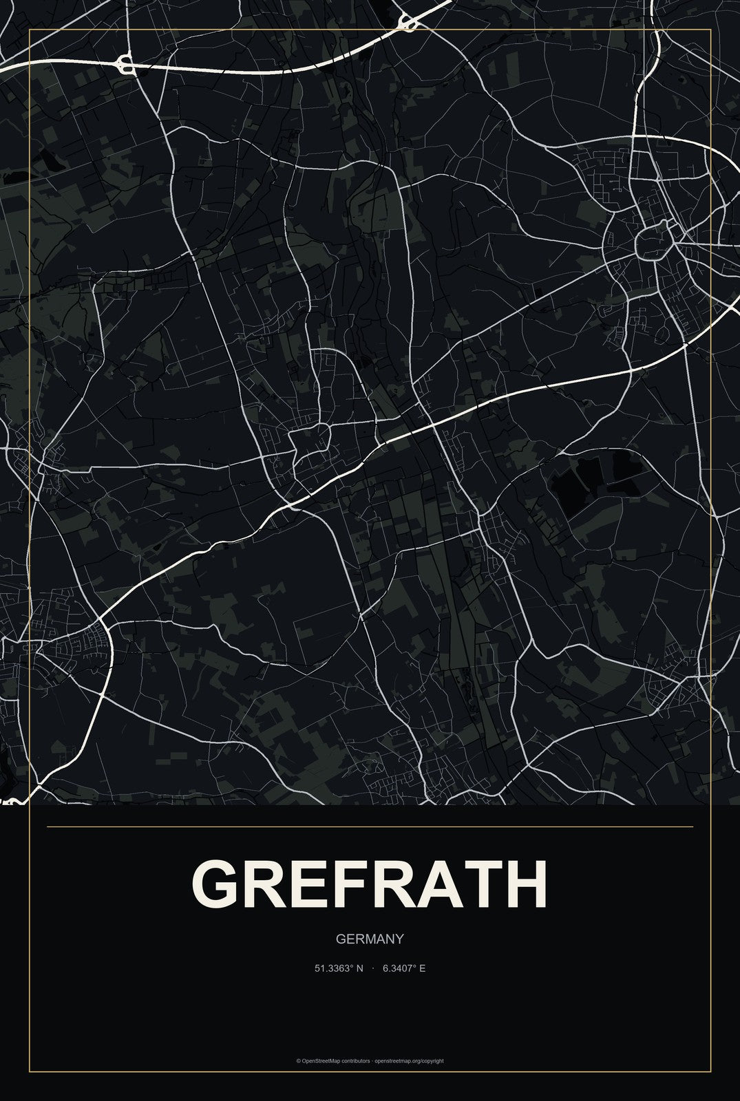 Grefrath, Germany City Map Aluminum Sign in Metropolitan Noir style
