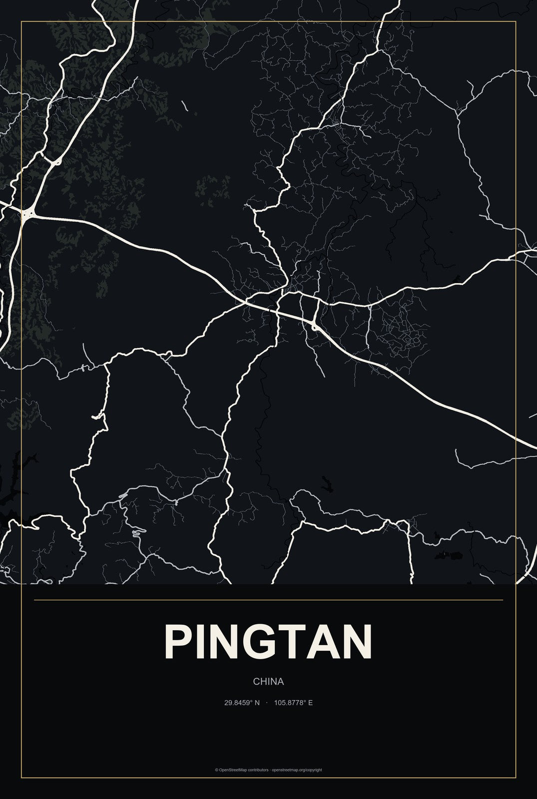 Pingtan, China City Map Aluminum Sign in Metropolitan Noir style