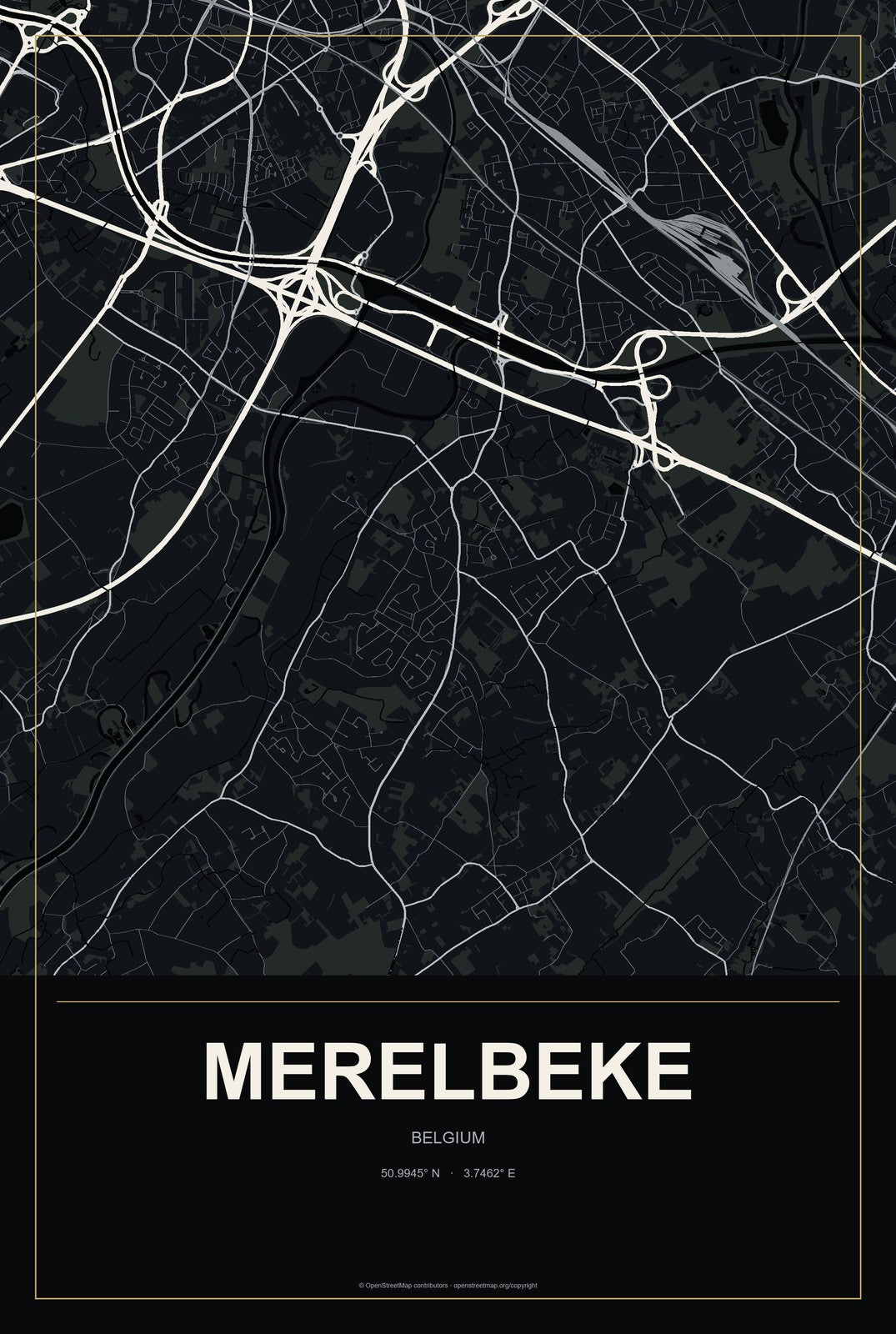 Merelbeke, Belgium City Map Aluminum Sign in Metropolitan Noir style