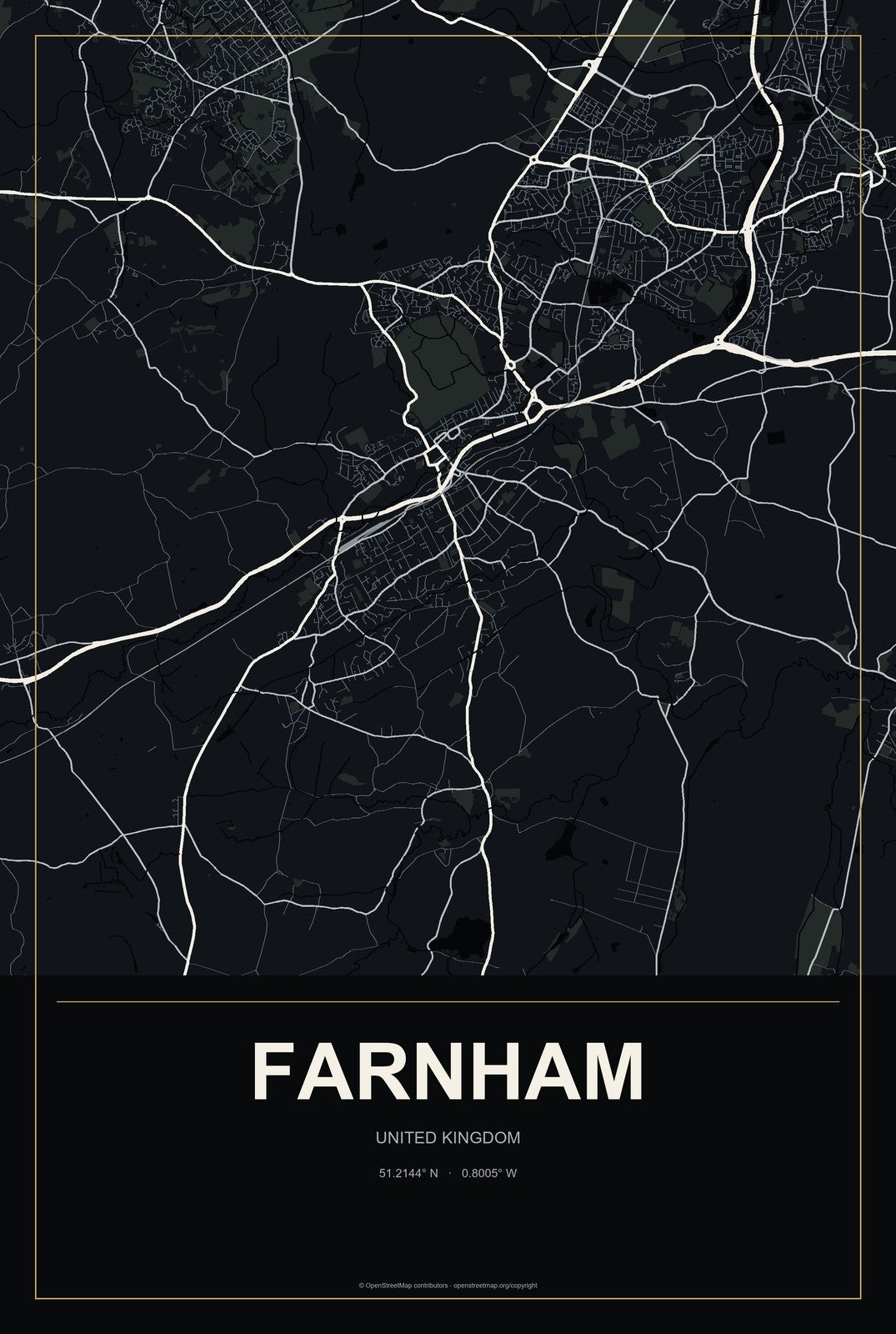 Farnham, United Kingdom City Map Aluminum Sign in Metropolitan Noir style