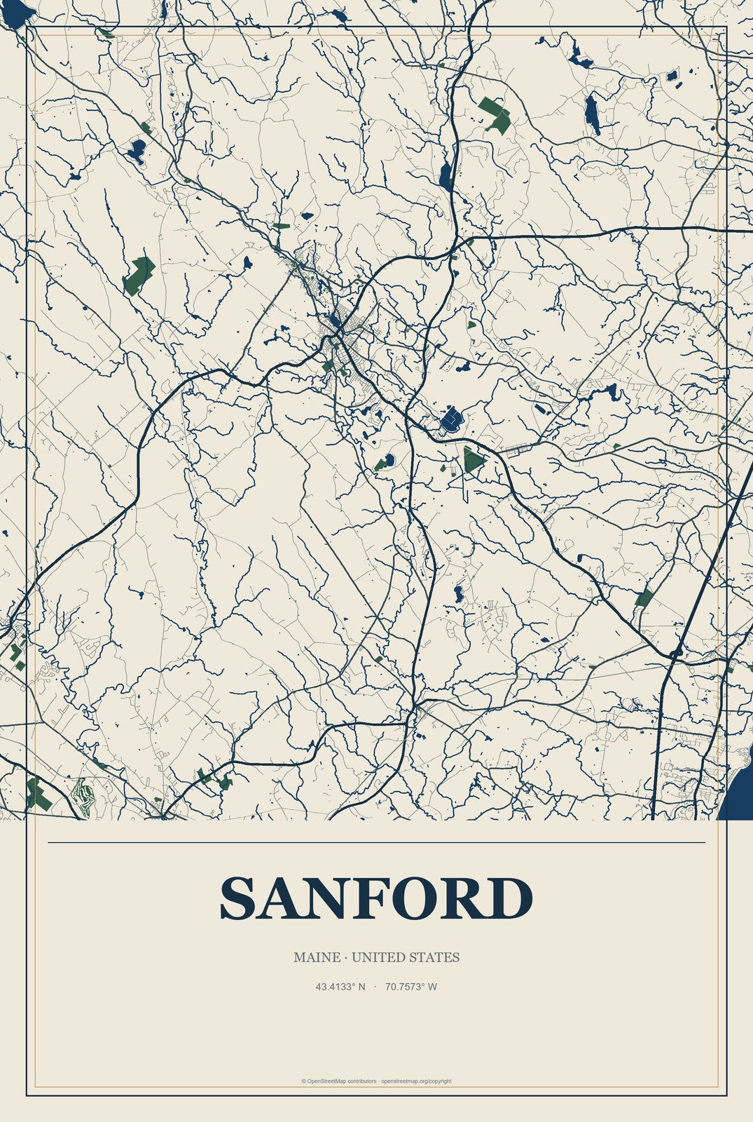 Sanford, Maine City Map Aluminum Sign in Coastal Cutout style