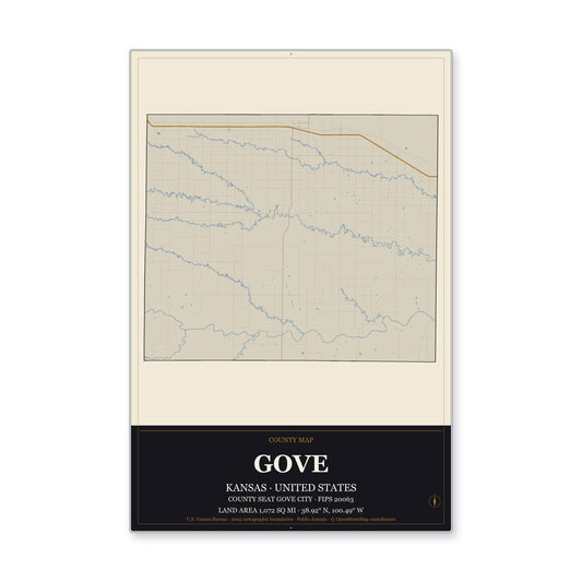 Gove County, Kansas Map Aluminum Sign in Museum Plaque style