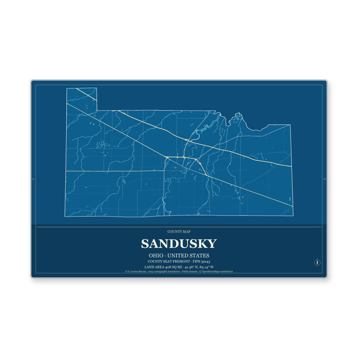 Sandusky County, Ohio Map Aluminum Sign in Harbor Cobalt style