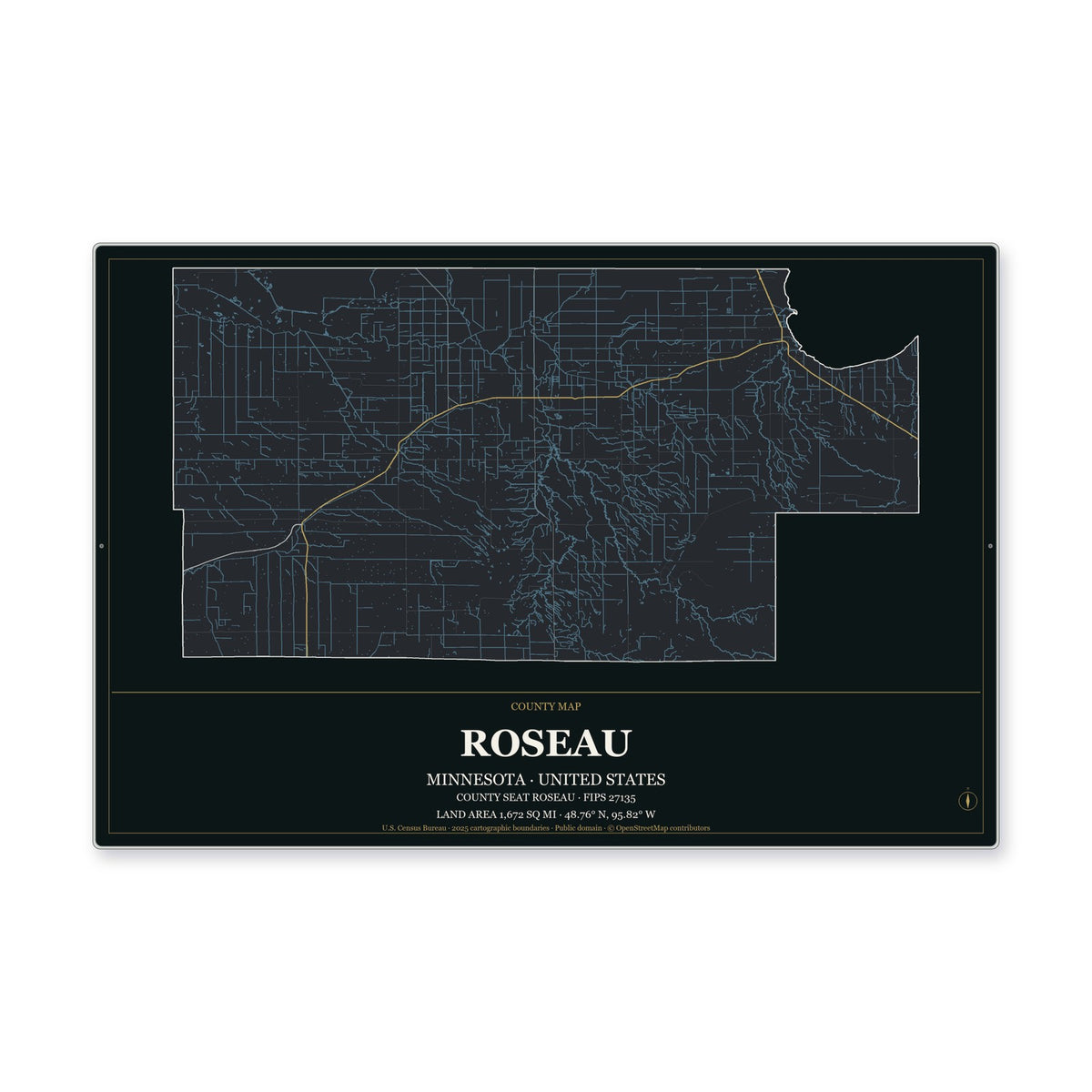 Roseau County, Minnesota Map Aluminum Sign in Metropolitan Noir style