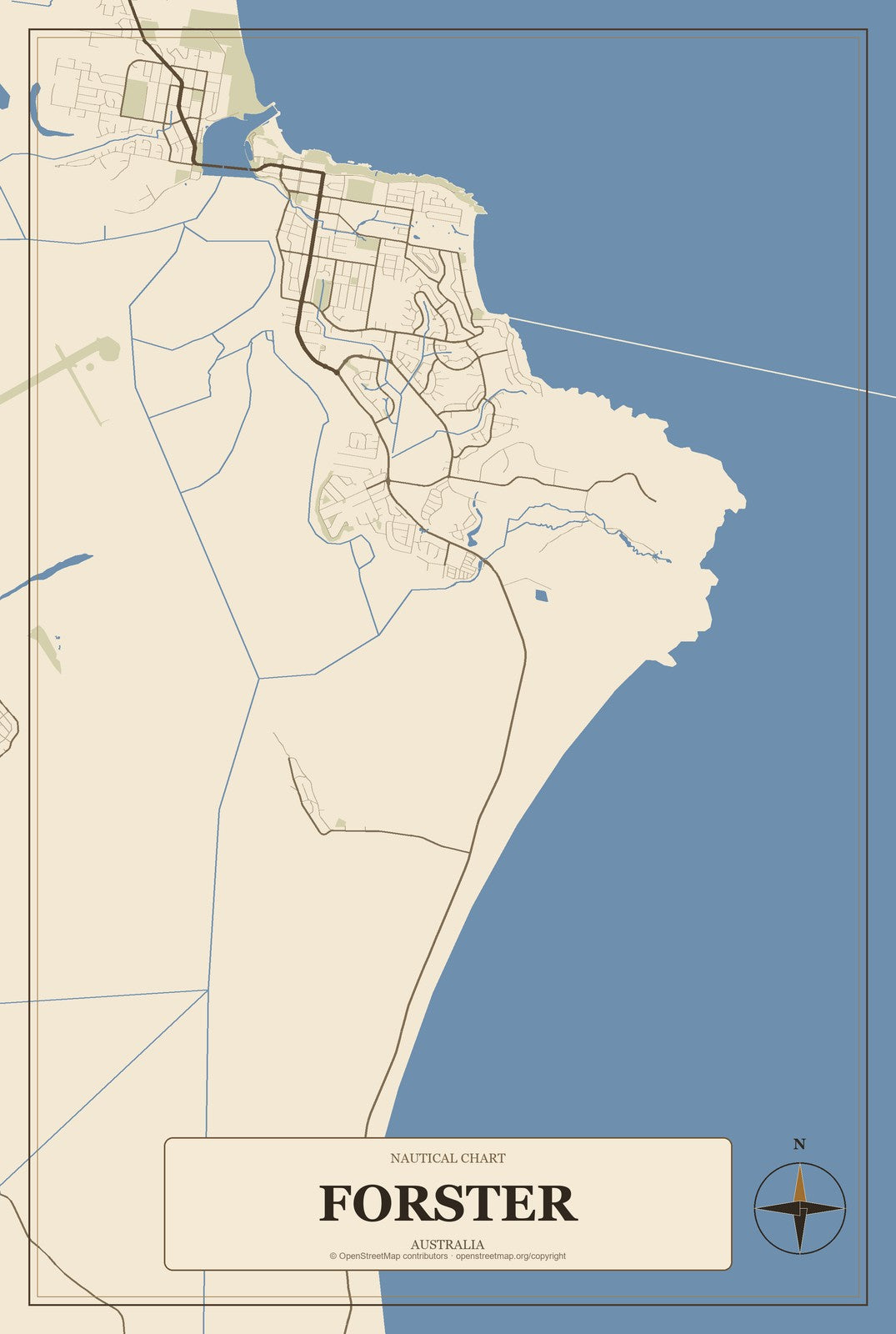 Forster, Australia City Map Aluminum Sign in Heritage Nautical style